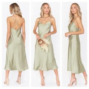 show me your mumu verona cowl midi dress moss green luxe satin women large